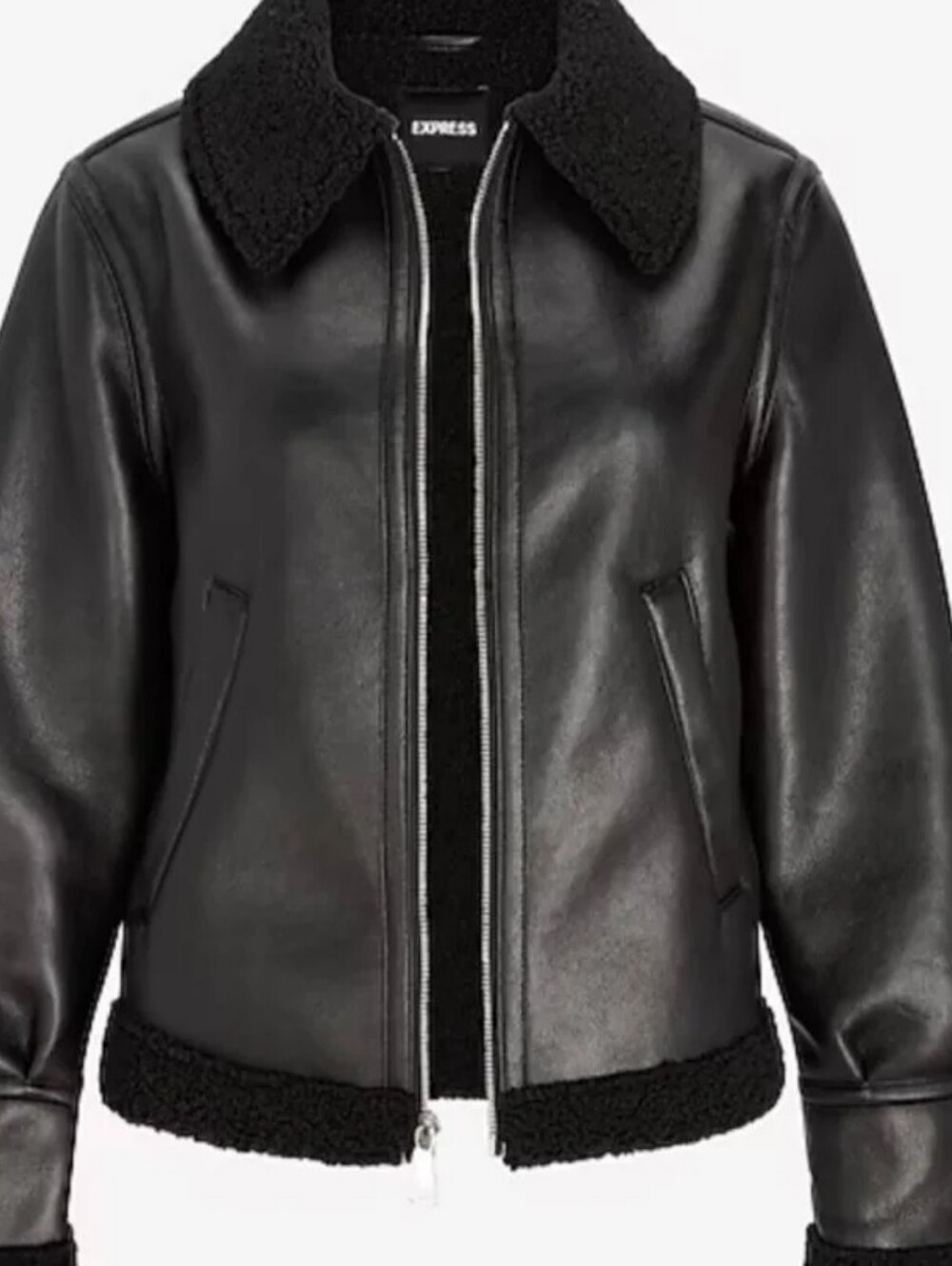 Express Women's Black Faux-Leather Sherpa-Trim Jacket